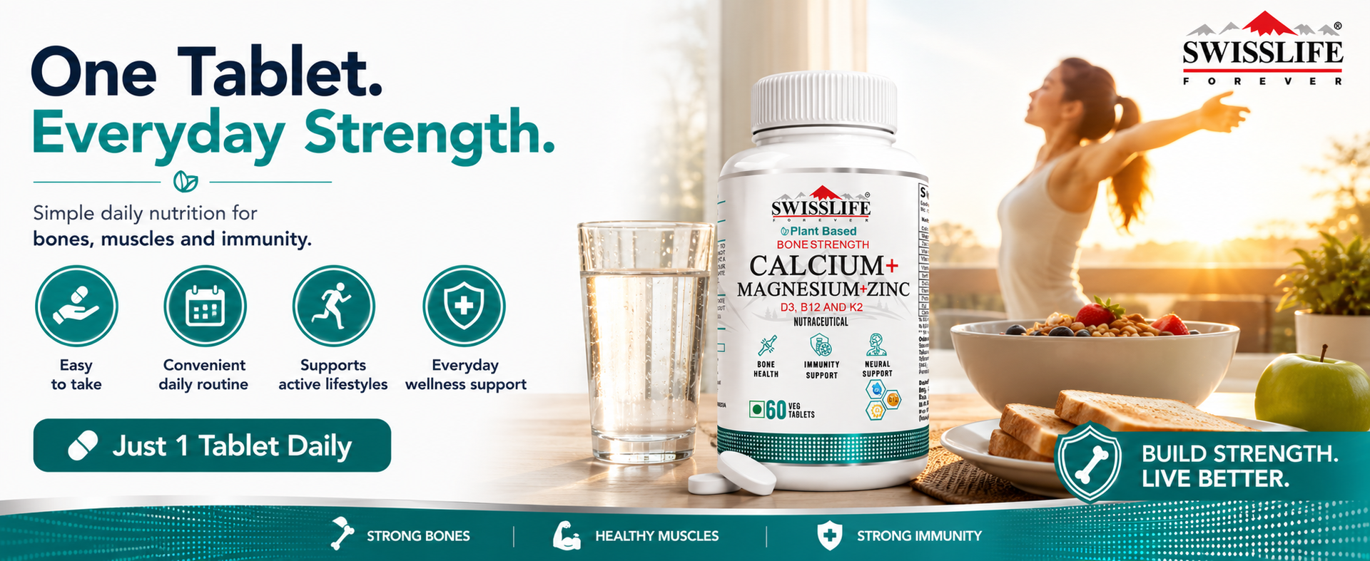 Swisslife Forever Calcium + Magnesium + Zinc + Vit. D3 + Vit. B12 + Vit. K2 Tablets For Men And Women (60 Tablets, Pack of 2)