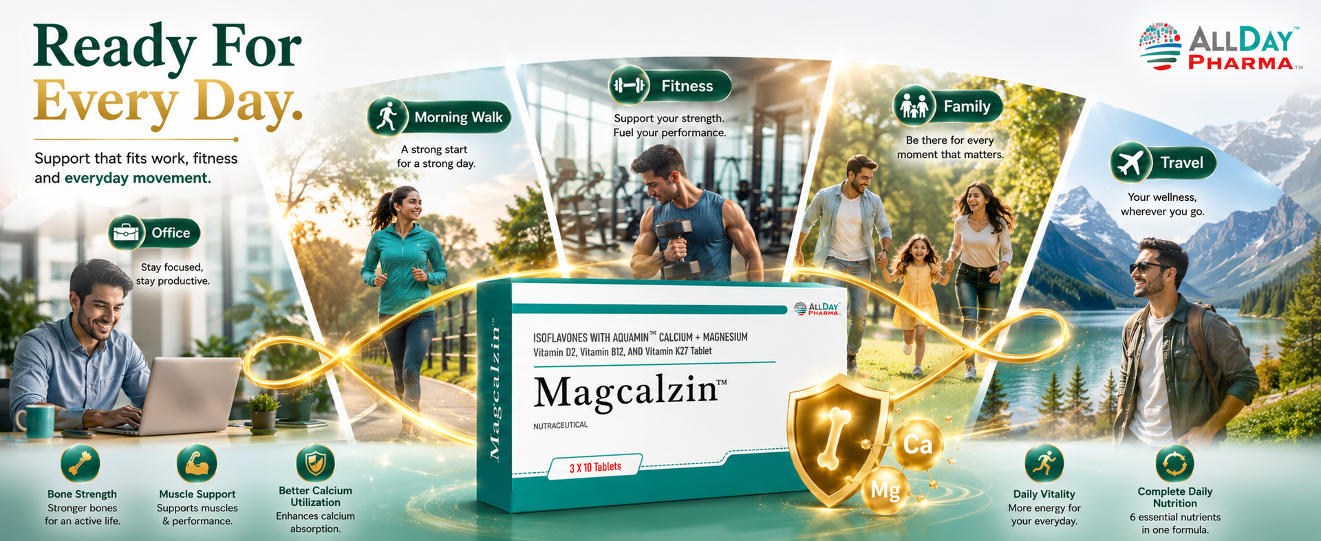 ALLDAY PHARMA Magcalzin Tablets | Multivitamins | Dietary (30 Tablets) with Mineral and Vitamins Help in Bone health, Muscle Health, Heart Health | for Men & Women