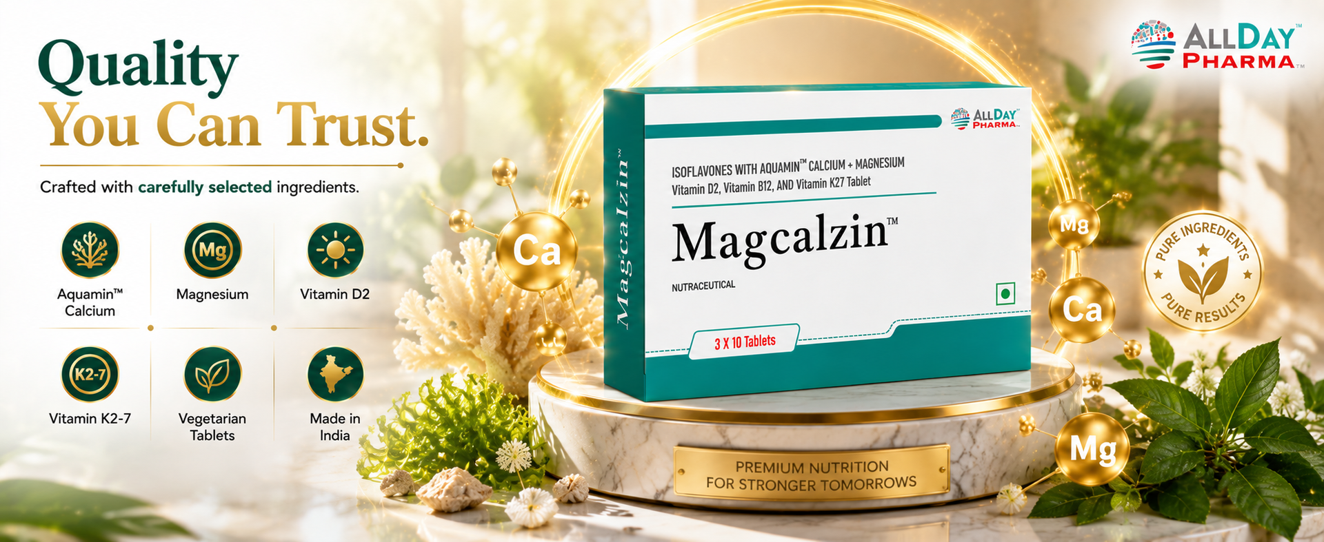 ALLDAY PHARMA Magcalzin Tablets | Multivitamins | Dietary (30 Tablets) with Mineral and Vitamins Help in Bone health, Muscle Health, Heart Health | for Men & Women