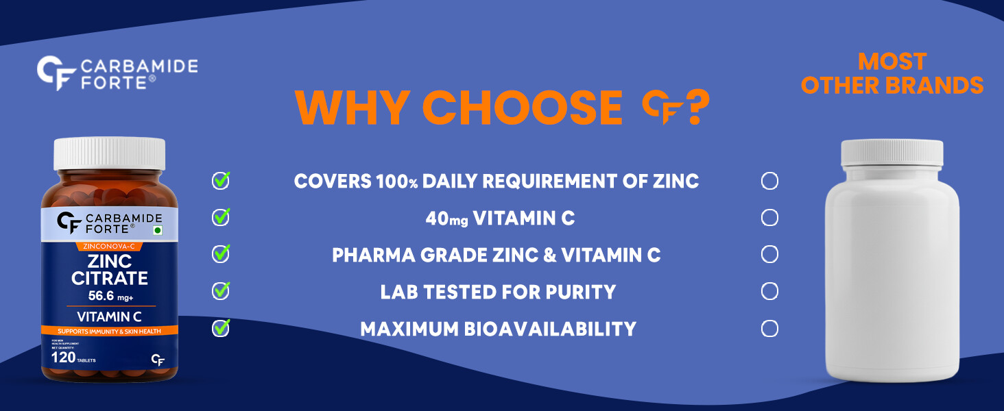 Carbamide Forte Zinc Citrate with Vitamin C | Zinc Supplements for Men & women with 100% RDA Zinc | Immunity & Cellular Health Support – 120 Tablets (Pack of 3)