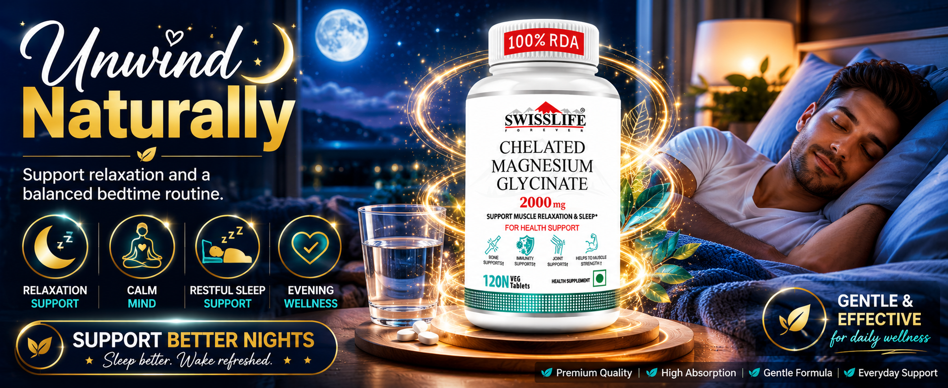 SWISSLIFE FOREVER Chelated Magnesium Glycinate | Dietary Tablets with Mineral and Amino acid (Magnesium Glycinate) Help in Bone health for Men & Women 120 Tablets (Pack of 2)