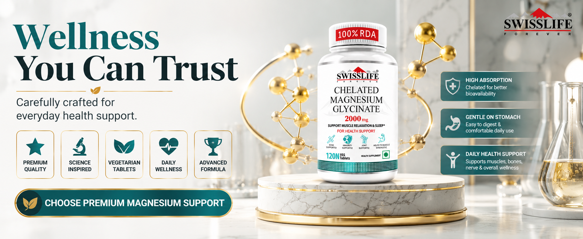 SWISSLIFE FOREVER Chelated Magnesium Glycinate | Dietary Tablets with Mineral and Amino acid (Magnesium Glycinate) Help in Bone health for Men & Women 120 Tablets (Pack of 2)