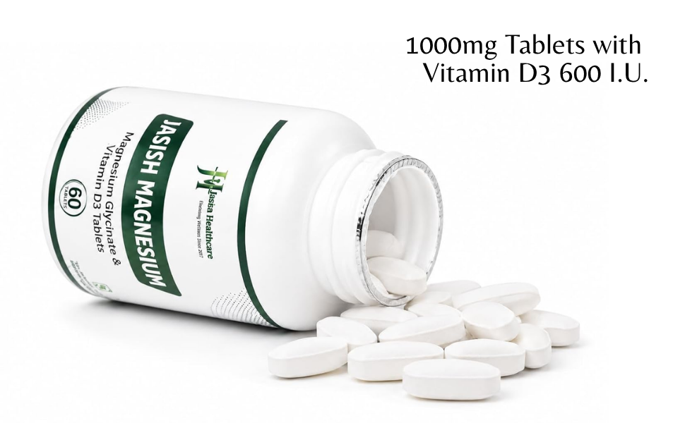 Magnesium | Magnesium Glycinate 1000mg Tablets with Vitamin D3 600 I.U. | 220mg Elemental | High Bioavailability Supplement | Supports Muscle Function, Bone Health & Nerve Health | 60 Tablets
