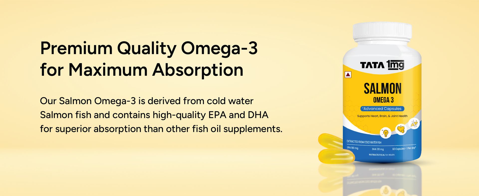 Tata 1mg Salmon Omega 3 Fish Oil Supplements 1000mg - 60 Capsules |Tryglycride form | 180mg EPA & 120mg DHA | High Absorption for Heart,Brain & Joints | Helps Manage Cholesterol