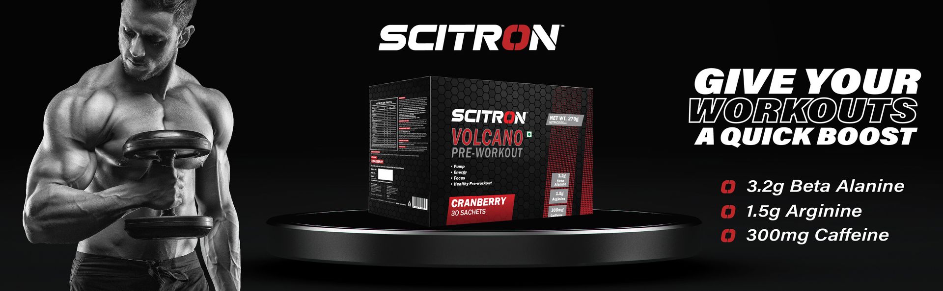 Scitron Volcano Pre Workout 300g - Cranberry (60 Servings | 4g Beta Alanine | 1.5g Arginine | 300mg Caffeine | 0g Sugar | Boost Energy & Focus| Healthy Pre-workout)