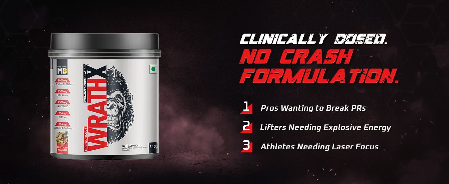 MuscleBlaze Pre Workout WrathX Powder, Fruit Fury, 540g | 30 Servings