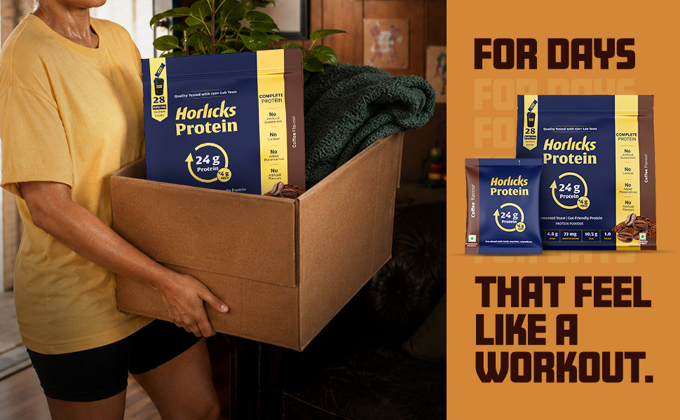 Horlicks Protein Powder 1 Kg Pack | 24g Protein, 4g Fibre per serve | Coffee Flavour | 28 Daily Use Sachets | Fermented Yeast Isolate | Gut-Friendly Protein | Complete | For Men & Women