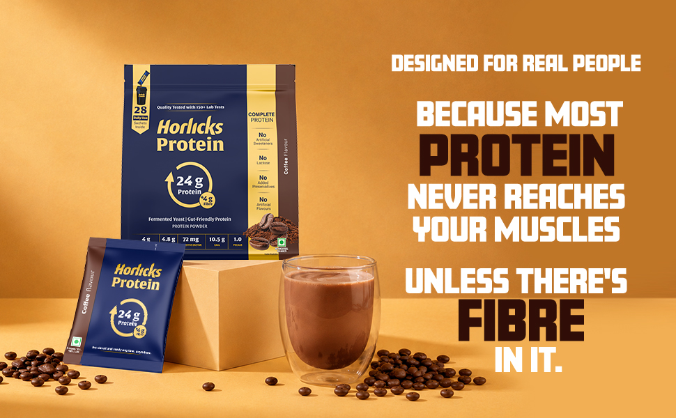 Horlicks Protein Powder 1 Kg Pack | 24g Protein, 4g Fibre per serve | Coffee Flavour | 28 Daily Use Sachets | Fermented Yeast Isolate | Gut-Friendly Protein | Complete | For Men & Women