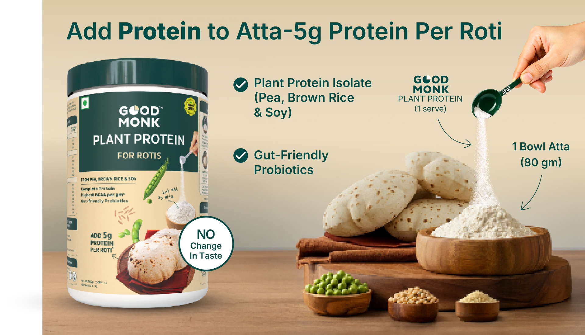 Good Monk Plant Protein for Rotis | Additional 30 gm protein in 6 Rotis | From Pea, Brown Rice & Soy | Clean Protein & Gut Friendly Probiotics | All Essential Amino Acids | Stronger Muscles | Add to Atta - No Taste Change | No Added Sugar/Sweetener | 460 gm
