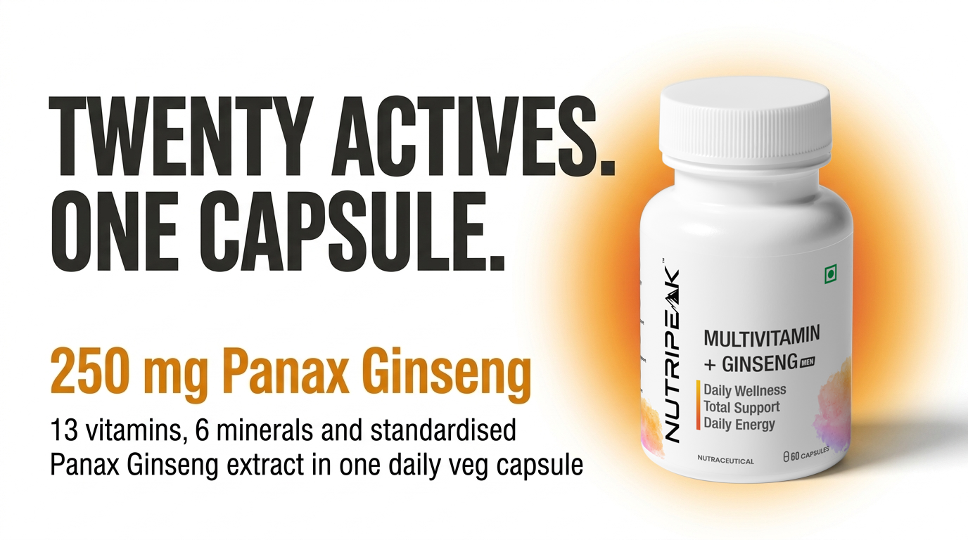 Multivitamin & Ginseng for Men, 250 mg Panax Ginseng Extract, 19 Vitamins & Minerals, K2 MK-7, 60 Vegetarian Capsules