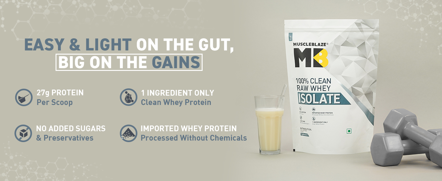 MuscleBlaze 100% Clean Raw Whey Protein Isolate, 1kg (2.2lbs)