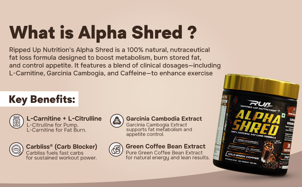 Ripped Up Nutrition Alpha Shred Fat Burner - 150g, Cold Brew Coffee | With Carbliss® for Blocking Carbs by 40-60% | Weight Management & Metabolism Booster | Enriched with Garcinia Cambogia, Coffee Bean Extra, Caffeine