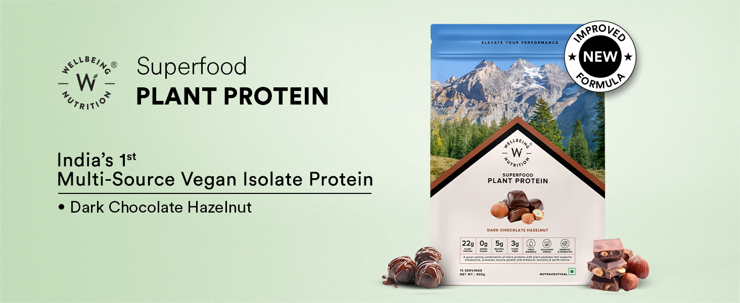 Wellbeing Nutrition Organic Vegan Plant Protein Isolate | 22g Protein, 5g BCAA, 3B CFU Probiotics, Enzymes, 3g Fiber, 5 Alkalizing Greens | NO Bloating, Easy to Digest | Dark Chocolate Hazelnut 500gm
