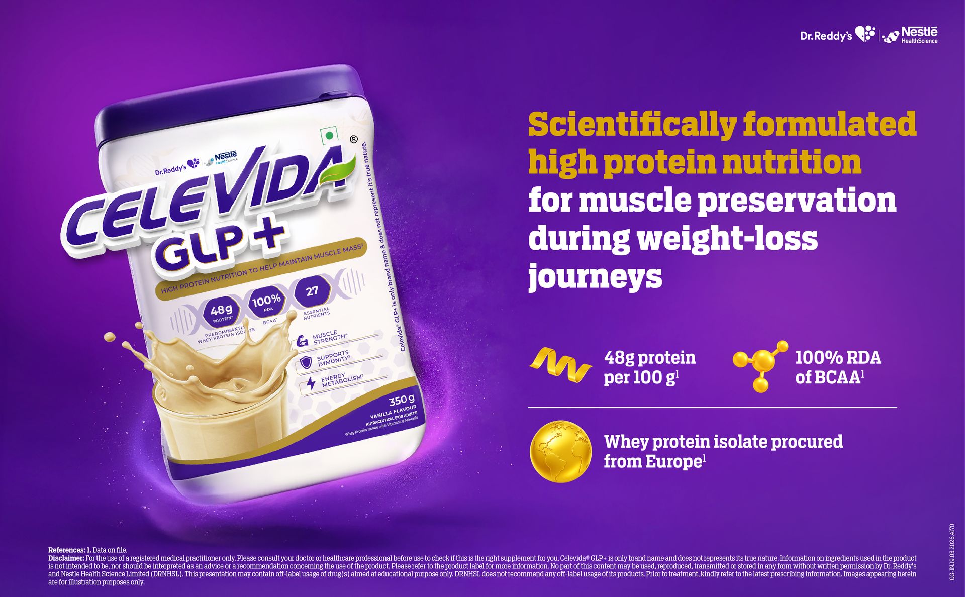 Celevida GLP+ - High protein support for lean muscle preservation during GLP-1/GIP therapies | 24gm protein per serving (predominantly WHEY isolate sourced from Europe) | Contains 100% RDA BCAA - Vanilla Flavour - 350 gm