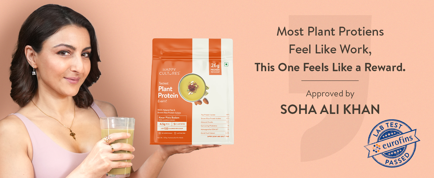 Happy Cultures 26g Tastiest Plant Protein| Kesar Badam Pista | Pea & Brown Rice Protein Isolate| No Added Sugar| Vegan| 20 Complete Amino Acids| Monk Fruit Extract| Women & Men| No Bloating, Easy to Digest| Dairy Free with Probiotics- 505g, Kesar Pista