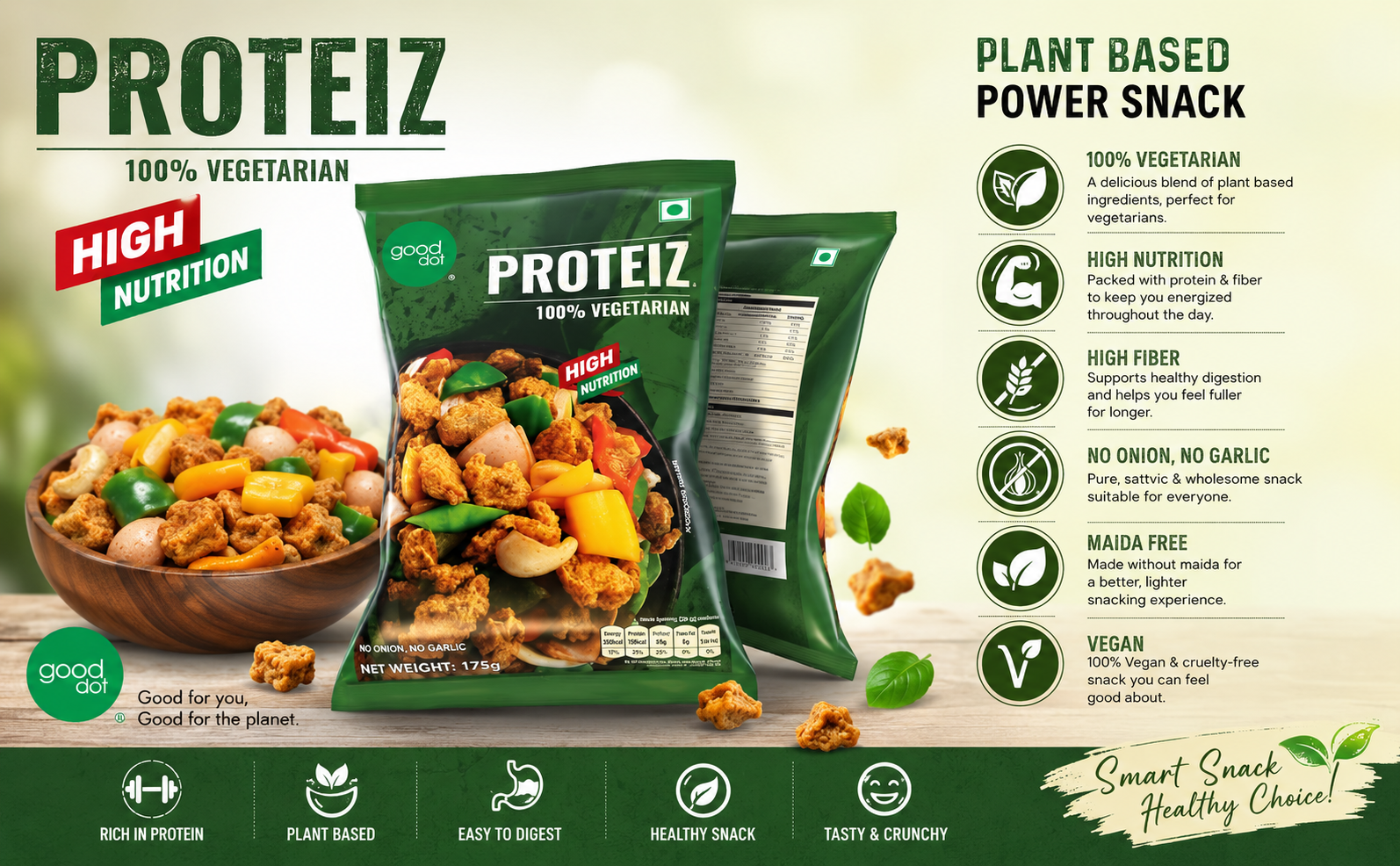 Proteiz High Protein Plant-Based Protein Chunks | Rich in Dietary Fiber & Calcium | Vegetarian Meat Alternative | Ready to Cook Protein Food | Healthy Vegan Protein Source | 175g Pack (PACK OF 1)