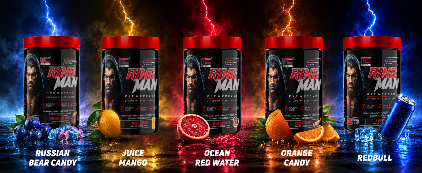 Muscle Club Ring Man Pre Workout Redbull Flavour | AMP Powered | By The Great Khali | High Stim Pre workout with 2000mg Beta-Alanine & 200mg Caffeine | Energy & Focus Booster