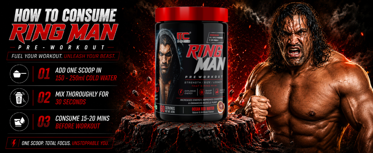 Muscle Club Ring Man Pre Workout Redbull Flavour | AMP Powered | By The Great Khali | High Stim Pre workout with 2000mg Beta-Alanine & 200mg Caffeine | Energy & Focus Booster