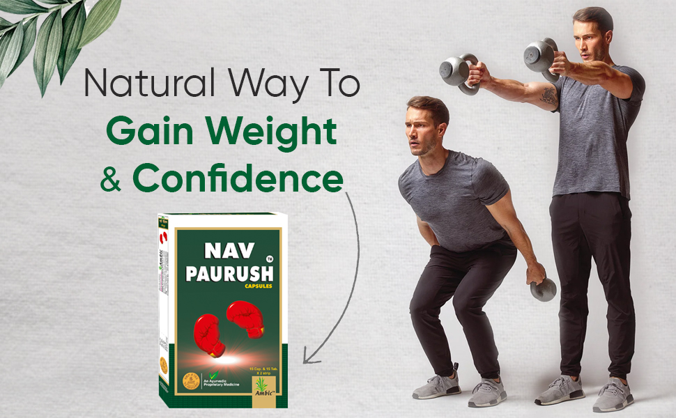 Ambic Nav Paurush Capsule - 60 (Capsule + Tablet) I Ayurvedic Weight Gain Capsules For Strength & Stamina I Promotes Muscle Gain Naturally (Pack of 1), 60 grams