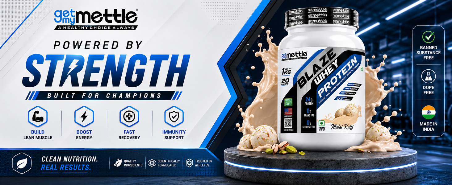Getmymettle Blaze Whey Protein 1kg Malai Kulfi : Build Muscle & Recover Faster with 24g Protein, 10.66g BCAA & 8.09g Glutamine, Proteolytic Enzymes