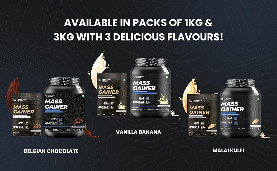 Carbamide Forte Mass Gainer with 54g Protein, Weight Gainer For Men | Muscle Gainer - 250g Carbs, Mass Gainer Protein, Multivitamin, ZMA & Creatine 3g - Belgian Chocolate Flavour 1kg