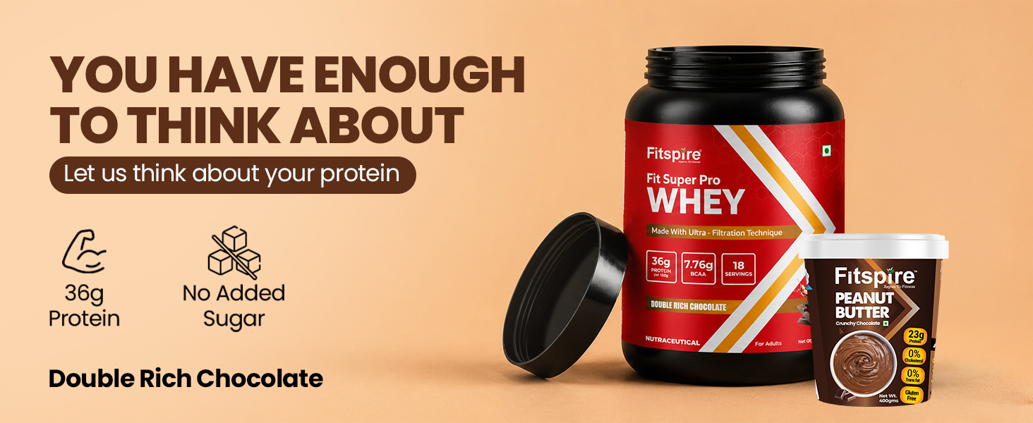 Fitspire Fit Super Pro Whey Protein Powder, Double Rich Chocolate, 2 lbs - 36g Protein per 100g - Whey Isolate & Concentrate - With Crunchy Chocolate Peanut Butter 23g Protein - Enzymes and Probiotics - Supports Muscle Growth and Recovery