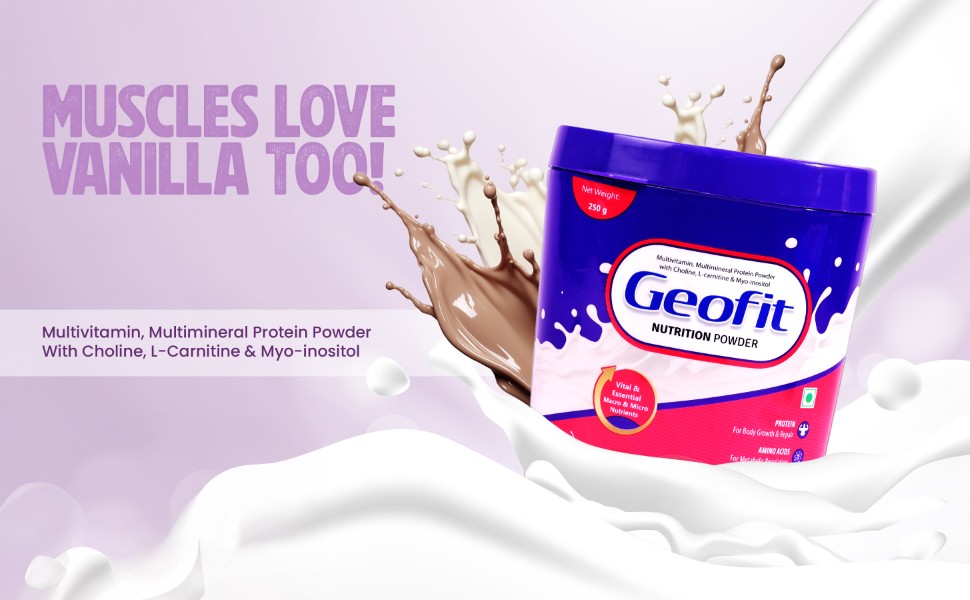 Geofit Vanilla Nutrition Powder - 250g | Power-Packed with Organic Ingredients | Builds Muscle, Boosts Energy | Helps in Weight Management | Made with Milk Powder, Sucrose & Maltodextrin