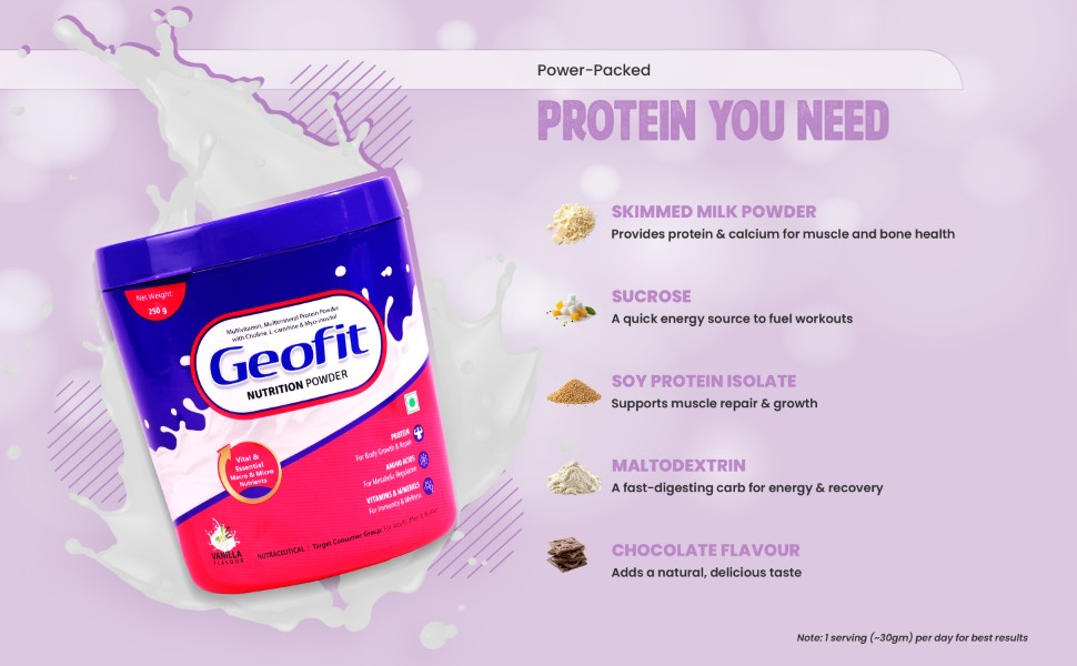 Geofit Vanilla Nutrition Powder - 250g | Power-Packed with Organic Ingredients | Builds Muscle, Boosts Energy | Helps in Weight Management | Made with Milk Powder, Sucrose & Maltodextrin