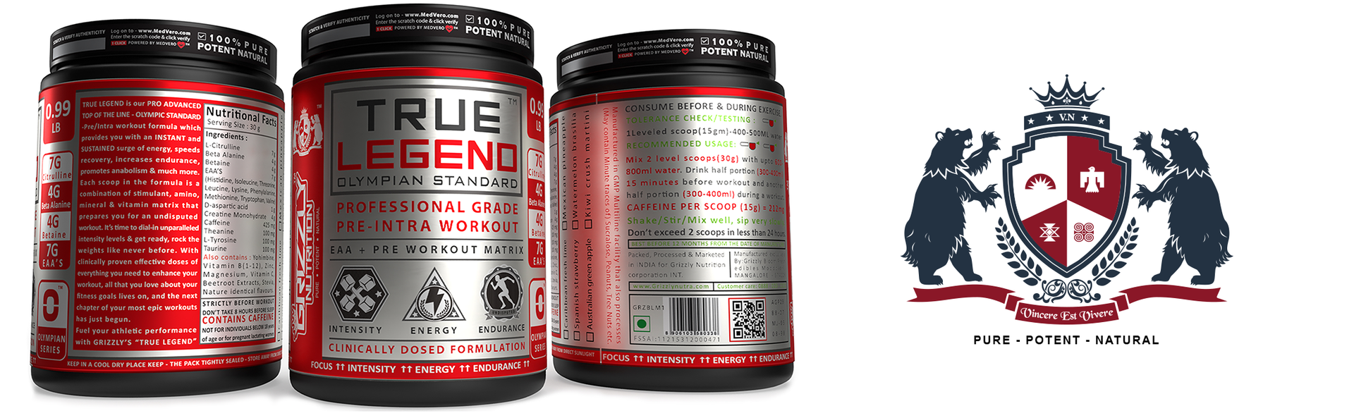 Grizzly Nutrition True Legend Olympian Grade Pre Workout Powder, Energy, Focus & Muscle Pump with L-Citrulline, Beta Alanine, Creatine, Caffeine, 450g+30g Energy Pack, Kiwi Crisp, Lab Researched