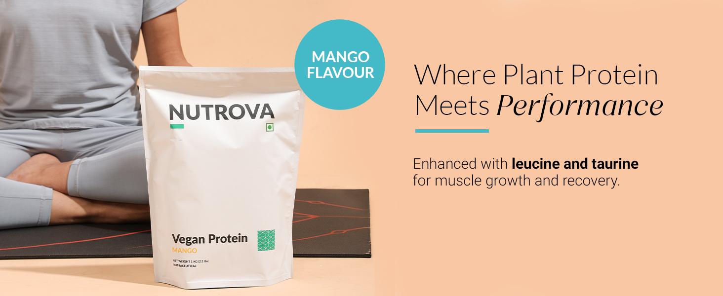 Nutrova Vegan Protein Isolate Mango 1Kg (Pack of 1) with 24g Protein per Scoop for Muscle Building | Gluten & Sugar Free Ideal Plant Protein sweetened with Stevia, 80% Protein with Taurine & Leucine
