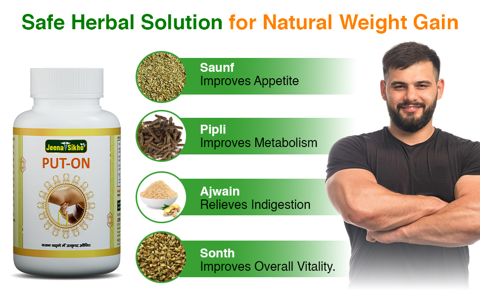 Jeena Sikho PUT-ON/Weight Gain Capsules | Herbal Supplement For Weight Gain | Naturally Blended With Saunf, Pipli, And Ajwain | Ayurvedic Muscle Gainer, 60 Capsules