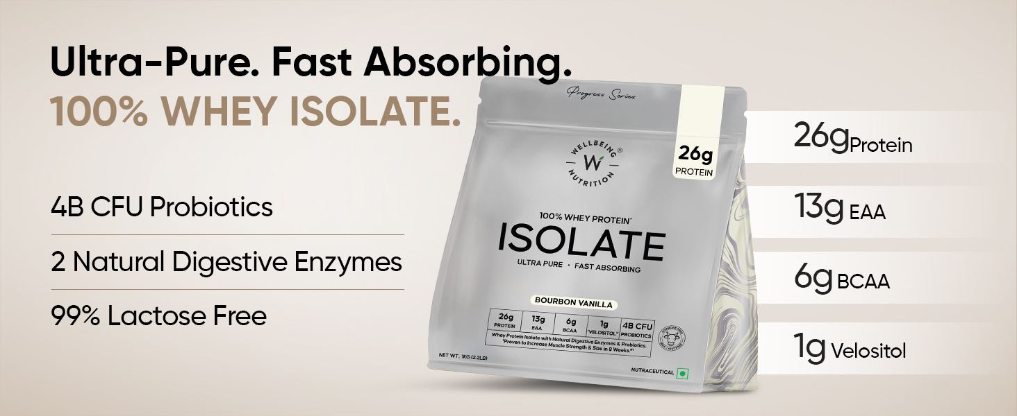 Wellbeing Nutrition Clean Whey Protein Isolate 1kg Bourbon Vanilla | 26g Protein, Clinically Proven Velositol for 2x Muscle Protein Synthesis, 4B CFU Probiotics, Digestive Enzymes, Bloat Free, Easy Digest