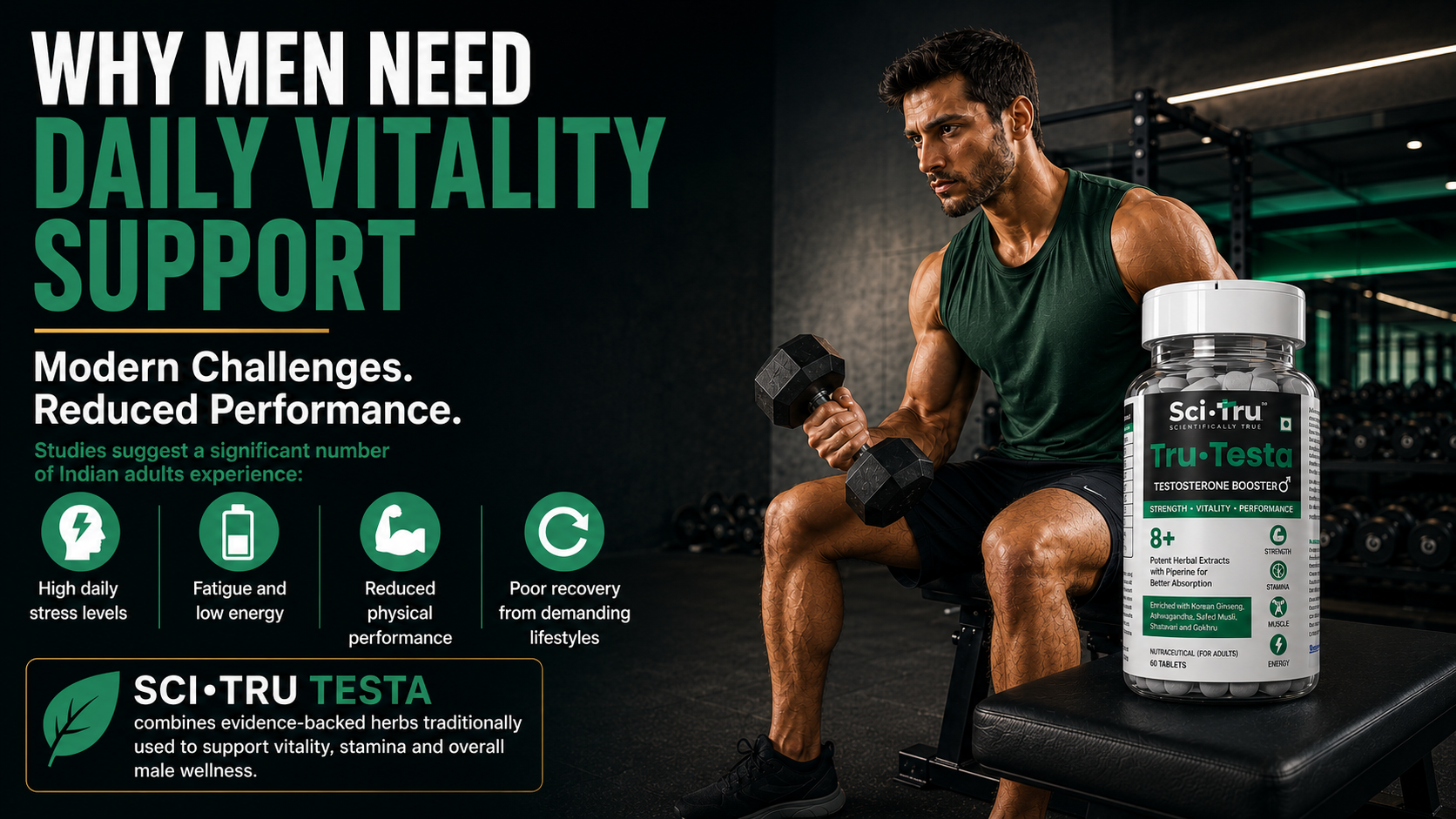 SCI.TRU Tru-Testa Testosterone Booster for Men | 8+ Herbal Extracts with Ashwagandha, Gokhru, Safed Musli & Korean Ginseng | Strength, Stamina & Energy Support | 60 Tablets
