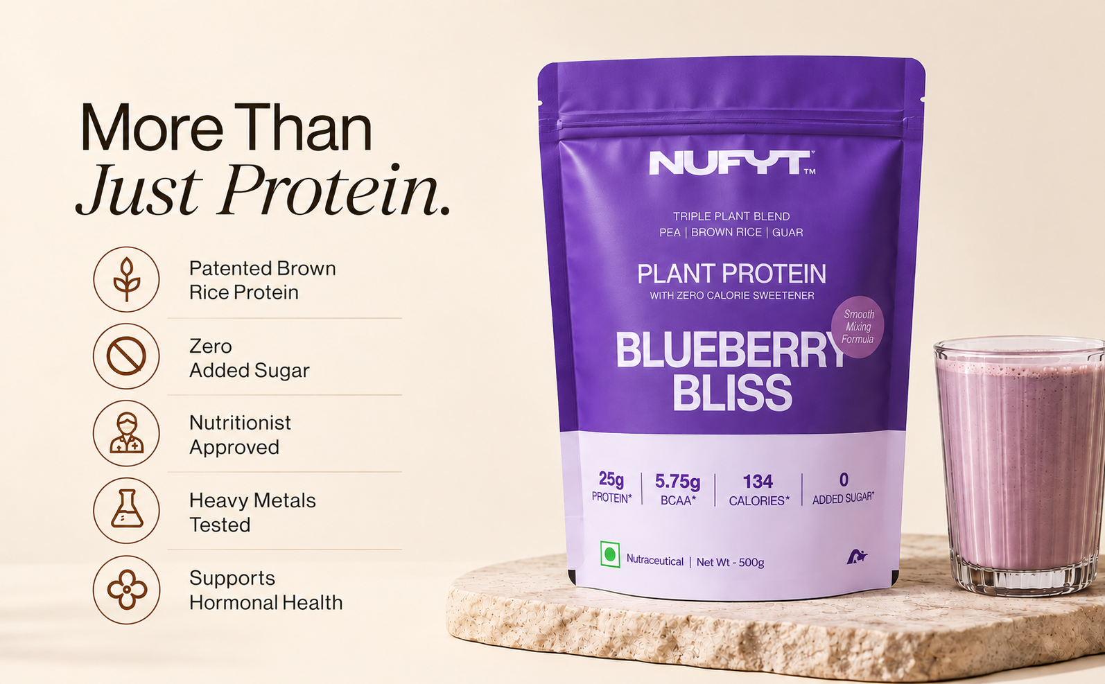 Blueberry Plant Protein Powder 500g | 25g Protein Per Scoop | Pea + Brown Rice + Guar Blend | No Added Sugar, Vegan, Soy & Gluten Free | Probiotic + Enzymes | Blueberry Bliss