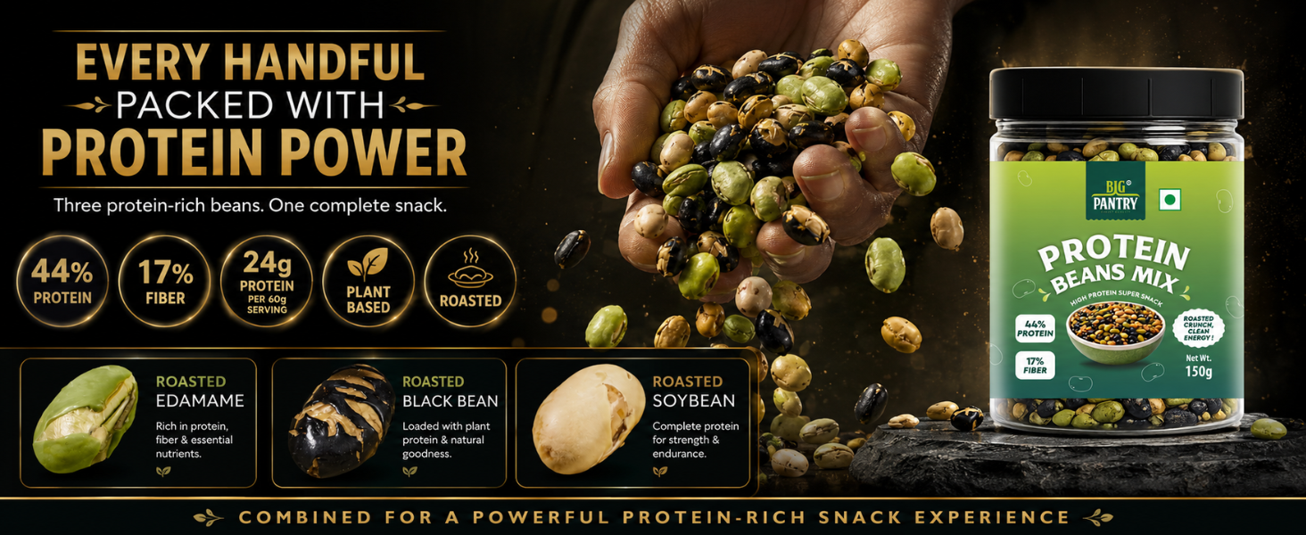 BIG PANTRY Protein Beans Mix, Roasted Soyabean, Edamame and Black Beans, High Protein Vegan Snack, 150g
