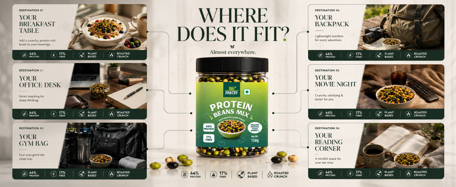 BIG PANTRY Protein Beans Mix, Roasted Soyabean, Edamame and Black Beans, High Protein Vegan Snack, 150g