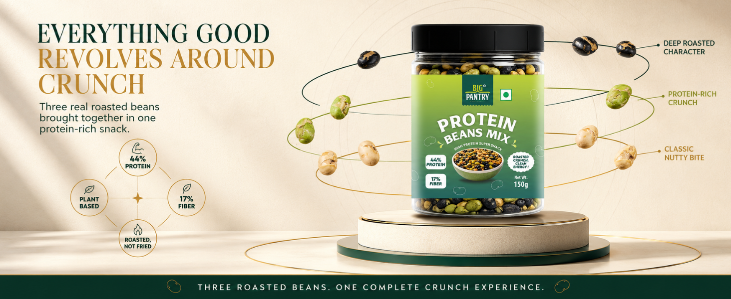 BIG PANTRY Protein Beans Mix, Roasted Soyabean, Edamame and Black Beans, High Protein Vegan Snack, 150g