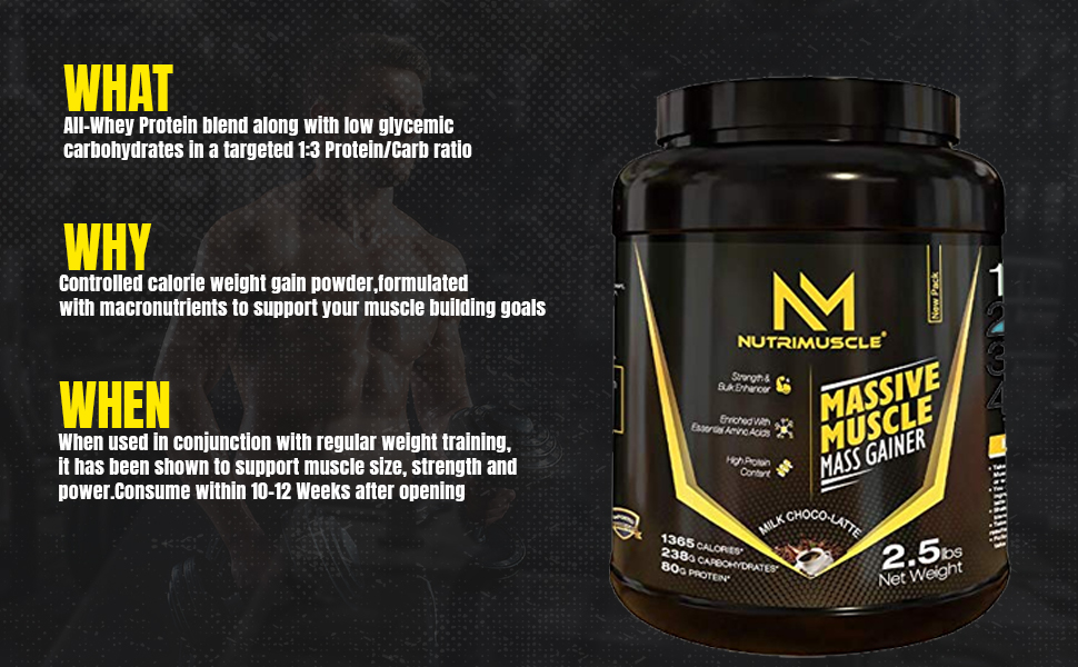 NUTRIMUSCLE MASSIVE MUSCLE MASS GAINER - 2.5 LBS - 1.134 KGS - CHOCO LATTE FLAVOUR - FOR MUSCLE AND MASS GAIN - MADE IN INDIA
