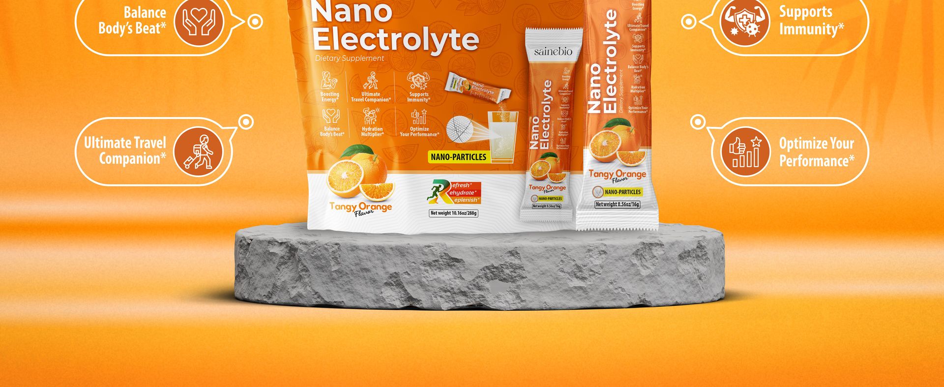Sainebio Nano Electrolyte Powder – 18 Tangy Orange Flavor Sachets | Hydration & Recovery Drink with Potassium, Vitamin C & B-Complex | Supports Energy, Electrolyte Balance & Immunity
