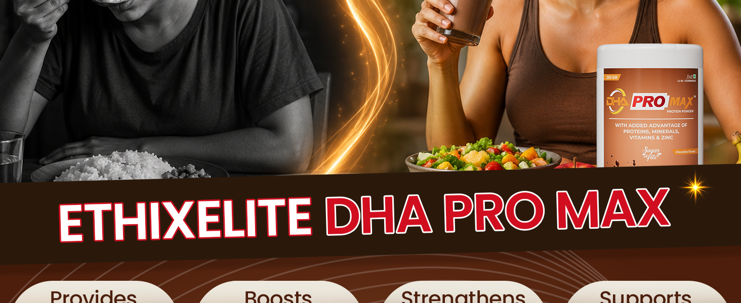 DHA Pro Max Protein Powder Nutritional Drink for Men and Women | Vitamins, Minerals & Zinc | Nutritional Supplement Powder, Protein Contributes to the Growth and Maintenance of Muscle Mass, Sugar Free Chocolate Flavour, 200 gm