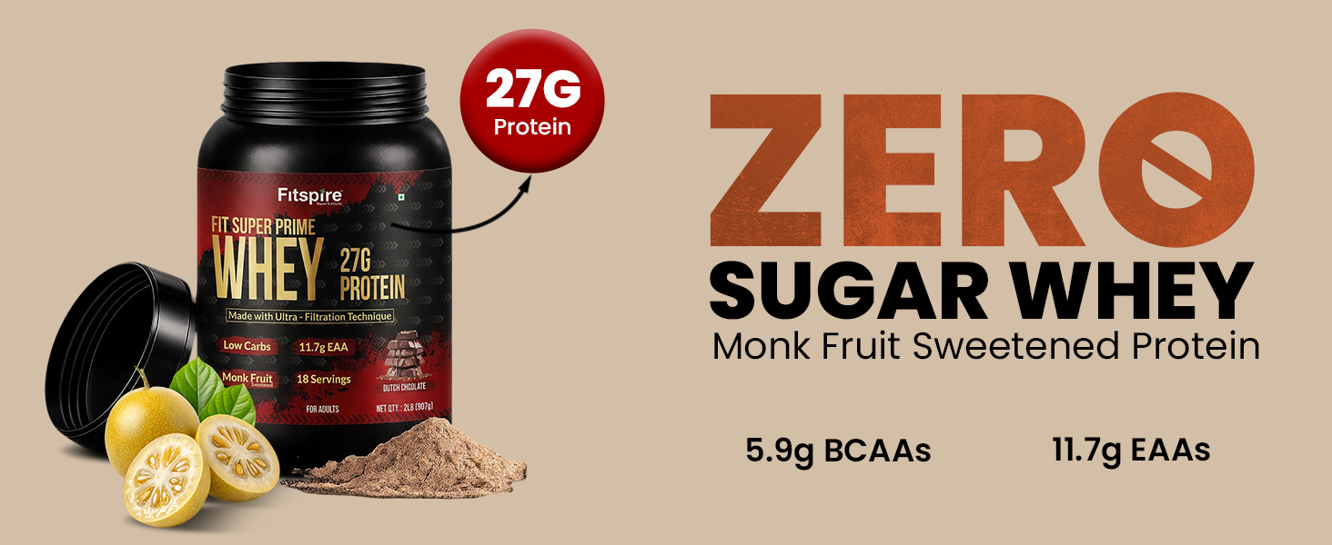 Fitspire Fit Super Prime Whey Protein Powder, Dutch Chocolate Flavour, 2 lbs - Whey Concentrate Isolate and Peptides Blend - 27g Protein Per Serving - With Digestive Enzymes and Probiotics - Monk Fruit Sweetend - Supports Muscle Growth & Recovery