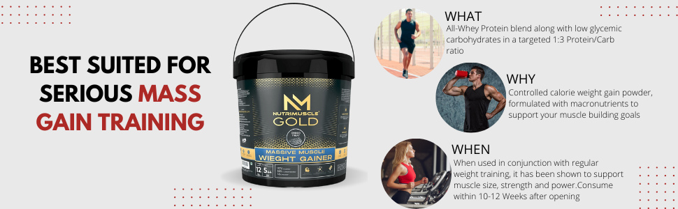 NutriMuscle Massive GOLD Weight Gainer Powder – 12 Lbs (5.44 Kg) | Choco Treat Flavour | High Calorie Protein & Complex Carb Blend for Muscle Mass & Weight Gain | Men & Women