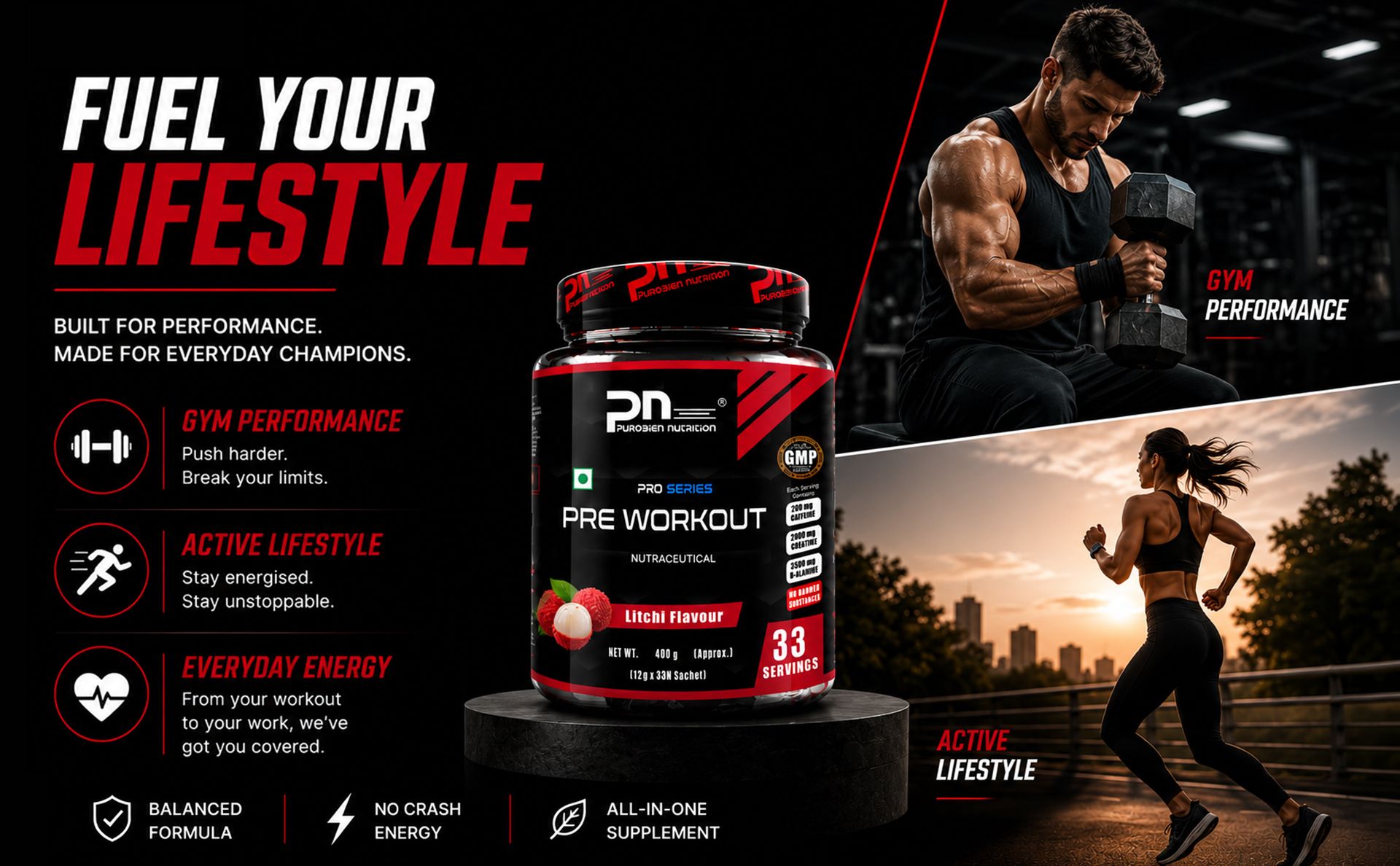 Pre Workout For Men, Litchi 400 GM,200Mg Caffeine, 3500Mg Beta Alanine, 4000Mg Citrulline, 2000Mg Creatine, 33 Servings, Powder, Pack of 1