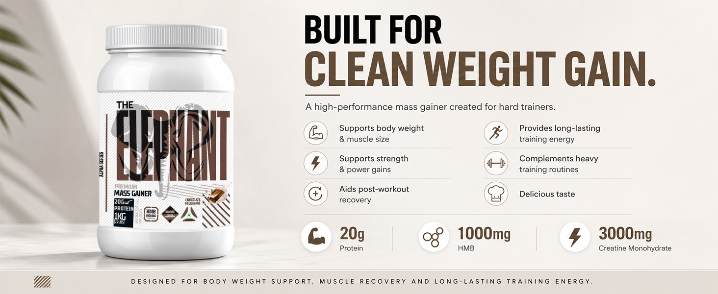 Absolute Nutrition Elephant Premium Mass Gainer | Weight Gainer with 20g Protein, 3000mg Creatine Monohydrate & 1000mg HMB | Muscle Gain Supplement | 1kg (Chocolate Milkshake)