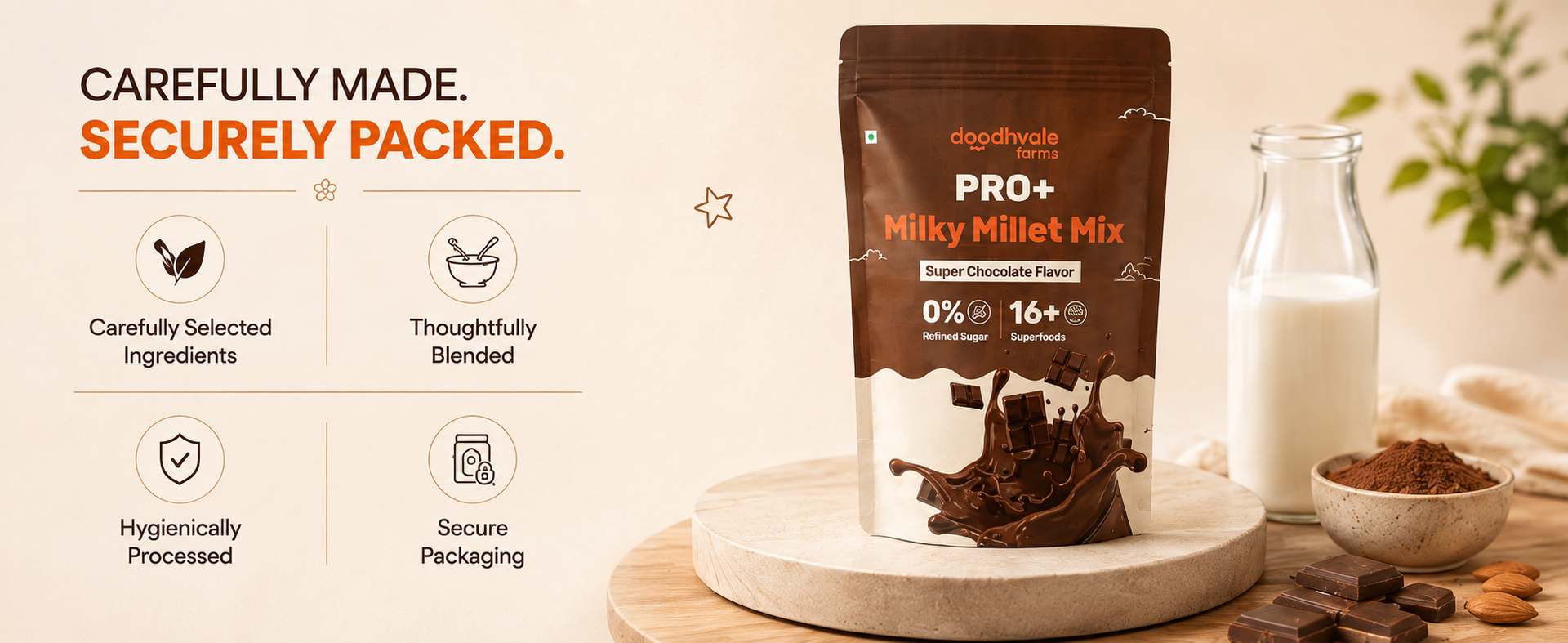 PRO+ Milky Millet Mix, Super Chocolate Flavor, 0% Refined Sugar, 16+ Superfoods, High Protein, 200g