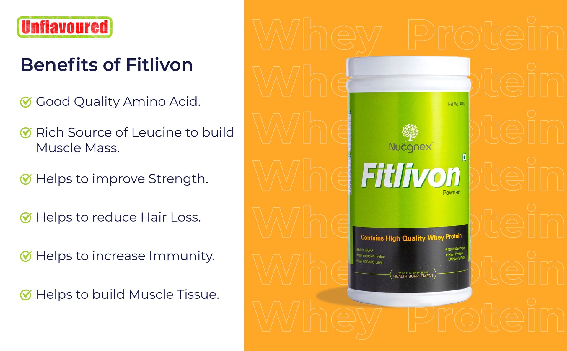 Nucgnex Fitlivon Whey Protein Powder for Daily Use | PDCAAS 1.0 Whey Protein with BCAA | For Active Lifestyle & Everyday Fitness | Easy to Mix & Digest | No Added Sugar | 400g