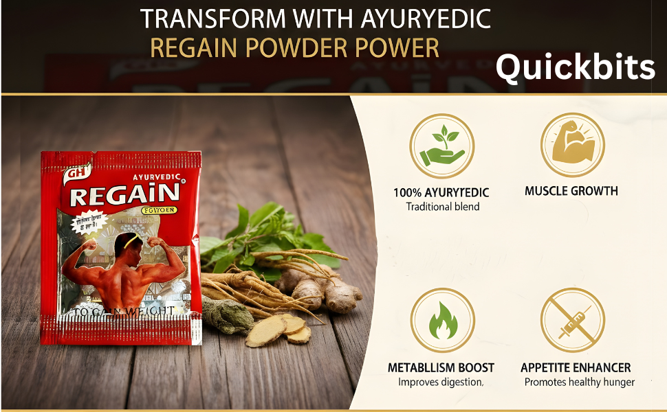 Regain Ayurvedic Weight Gain Powder Herbal Appetite Booster & Natural Muscle Building Formula for Healthy Weight Gain, Energy Enhancement & Daily Nutritional Support (Pack Of 20)