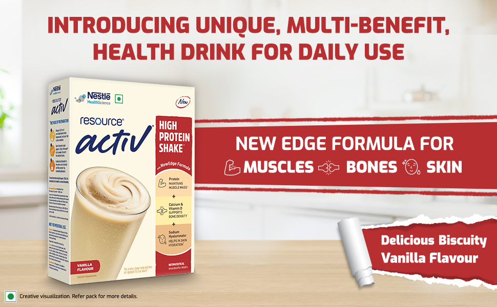 RESOURCE Nestlé Active, High Protein Shake with New Edge Formula, Vanilla Flavour, Strengthens Muscles, Bones, Immune System, Improves Skin 400g Bag-in-box pack.