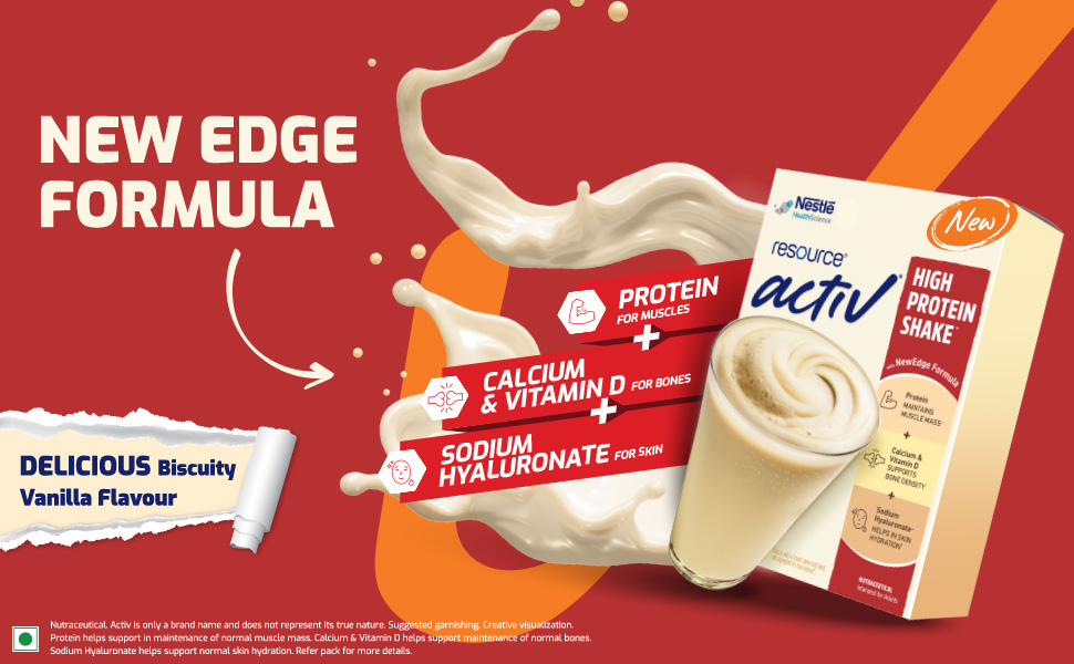 RESOURCE Nestlé Active, High Protein Shake with New Edge Formula, Vanilla Flavour, Strengthens Muscles, Bones, Immune System, Improves Skin 400g Bag-in-box pack.