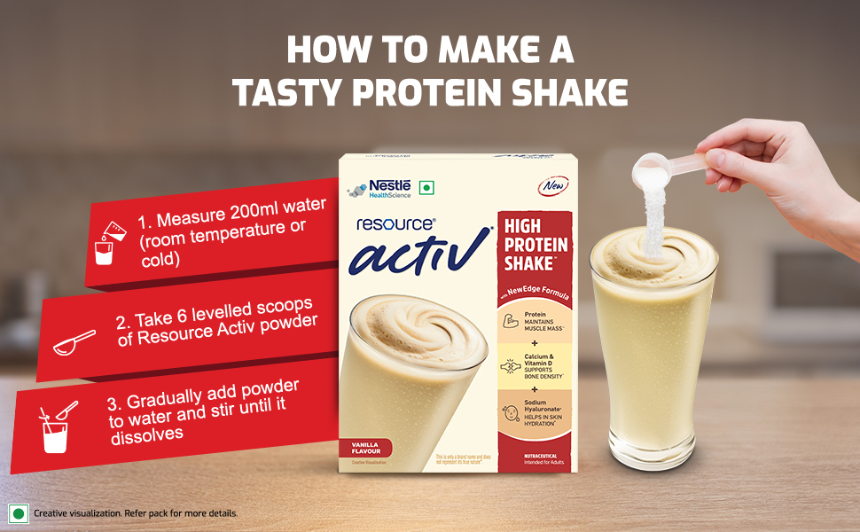 RESOURCE Nestlé Active, High Protein Shake with New Edge Formula, Vanilla Flavour, Strengthens Muscles, Bones, Immune System, Improves Skin 400g Bag-in-box pack.